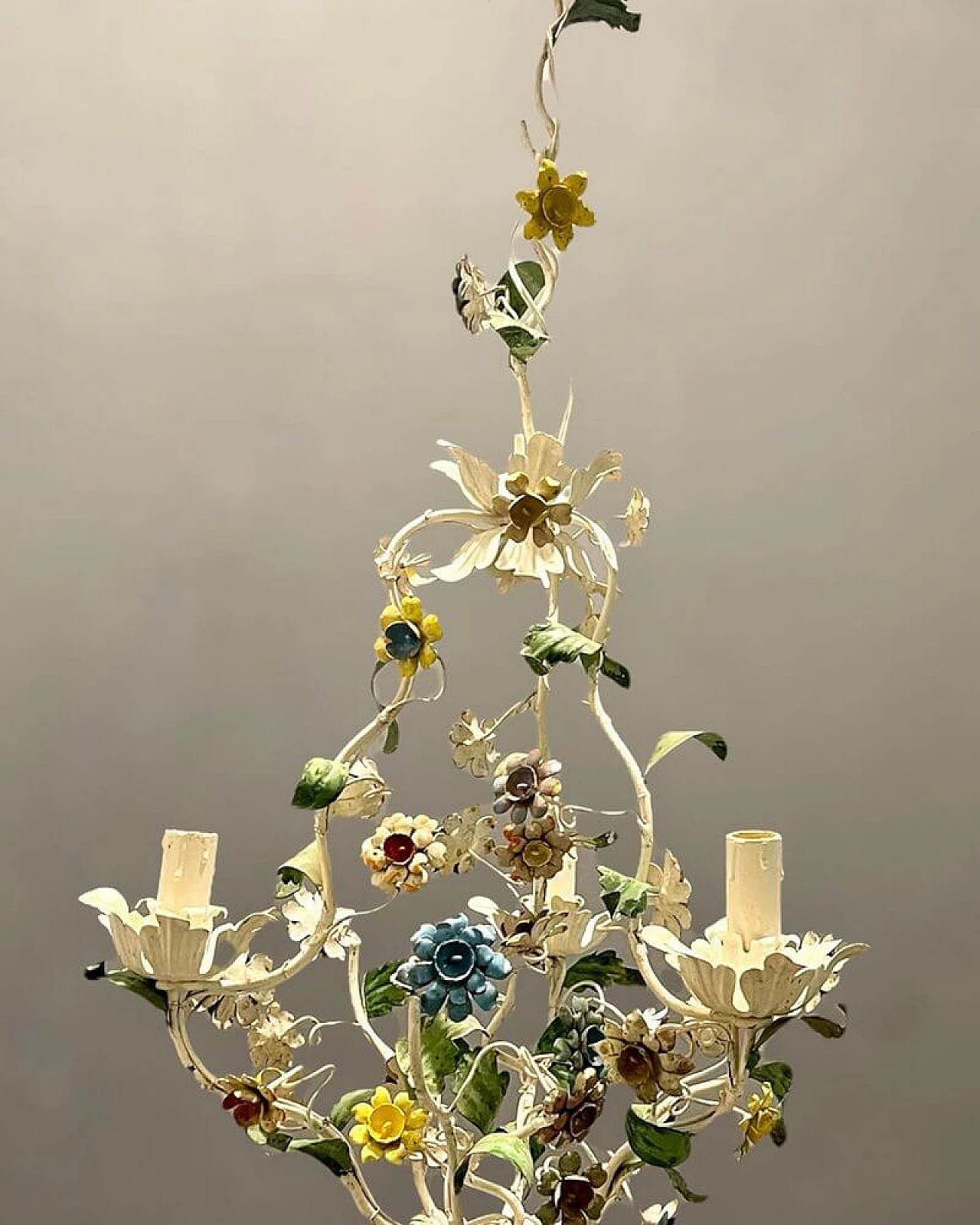 Tole chandelier with flowers, 1960s 10