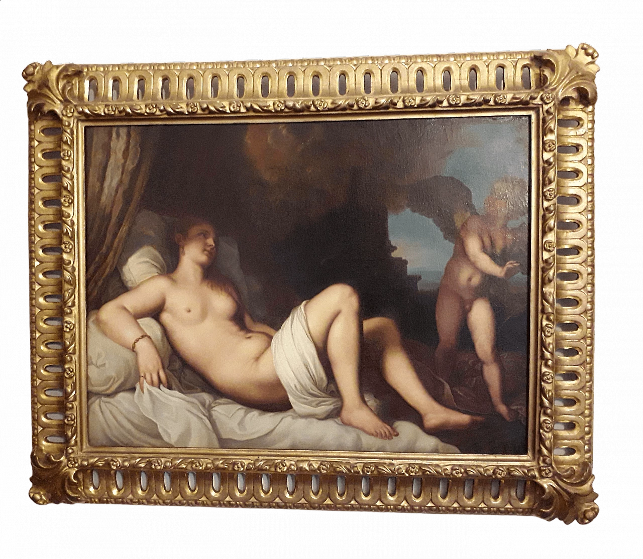 Olio su tela raffigurante Danae, da Tiziano, entro cornice, '700 10
