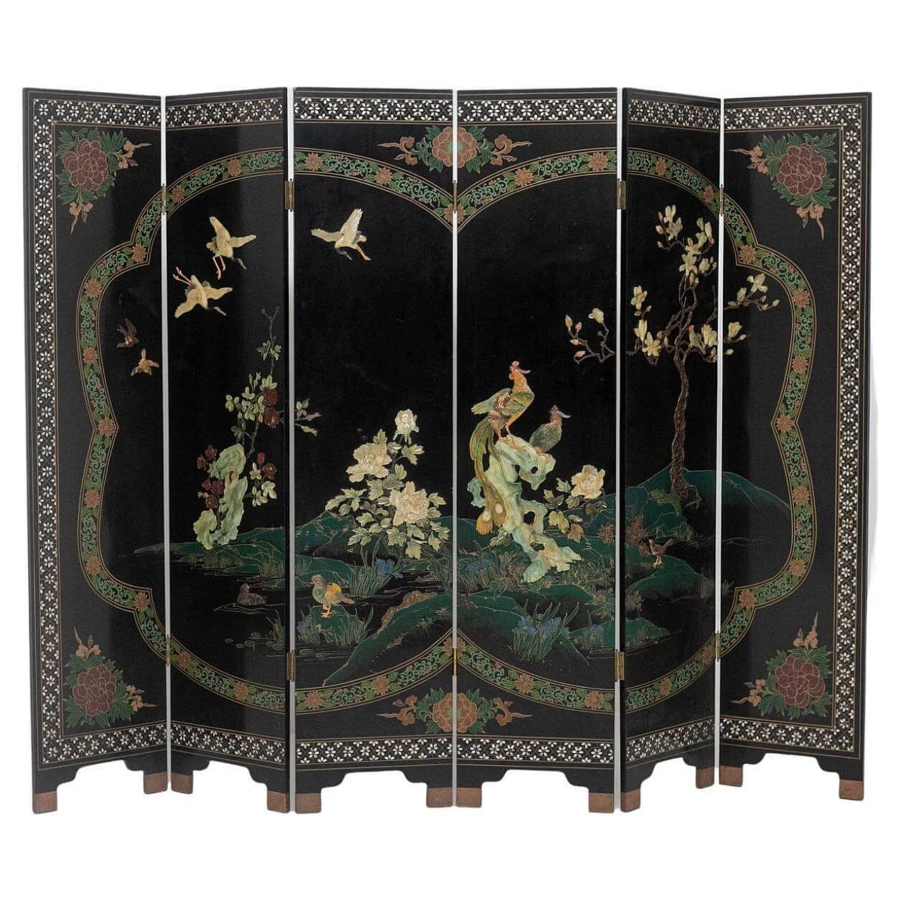 Paravento cinese in legno laccato con pietre intarsiate, '900 15