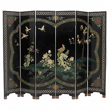 Chinese lacquered wooden screen with inlaid stones, 20th century