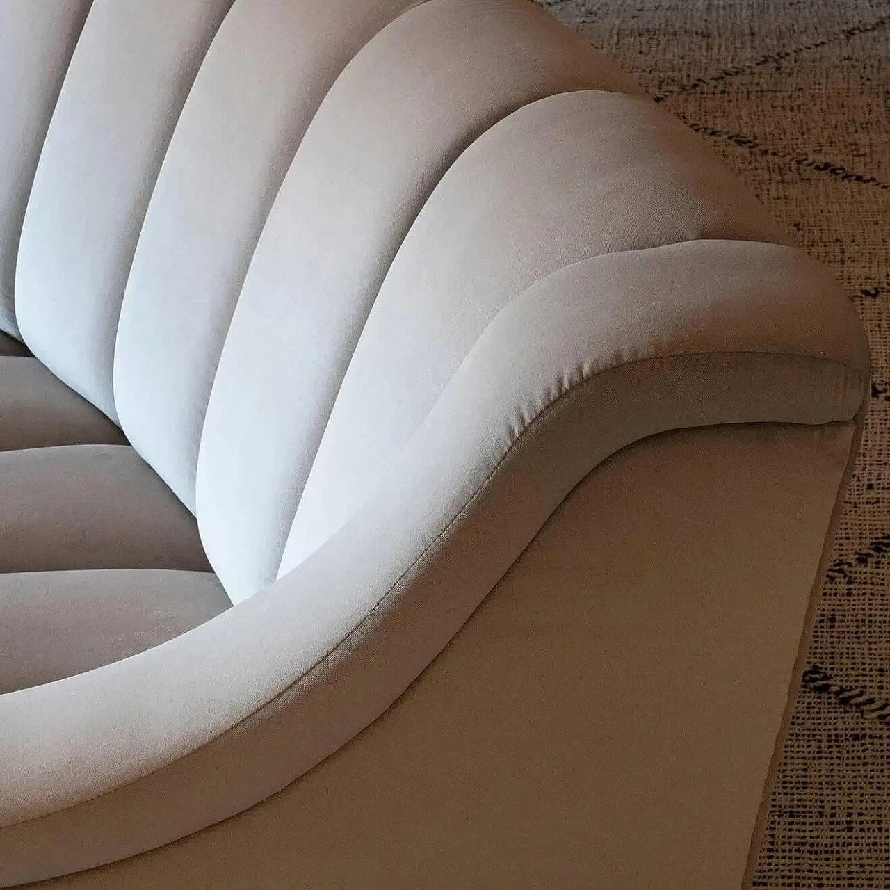 Curved dove grey velvet sofa 5