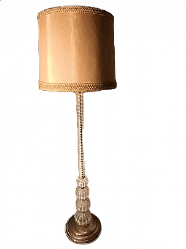 Lampada da terra in vetro iridescente con paralume in stoffa di Barovier e Toso, anni '40