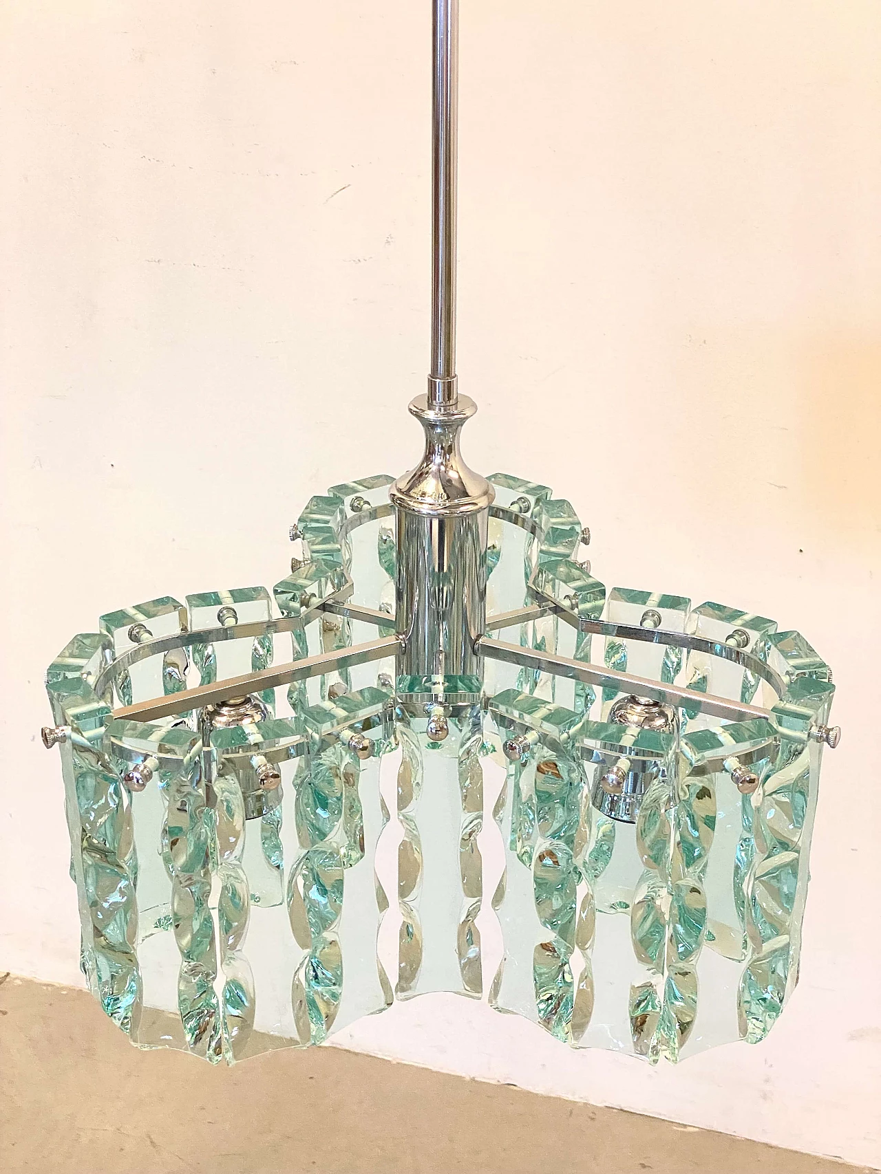 Lampadario in acciaio e vetro di Cristal Art, anni '70 2