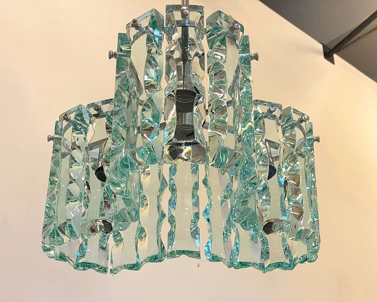 Lampadario in acciaio e vetro di Cristal Art, anni '70 15