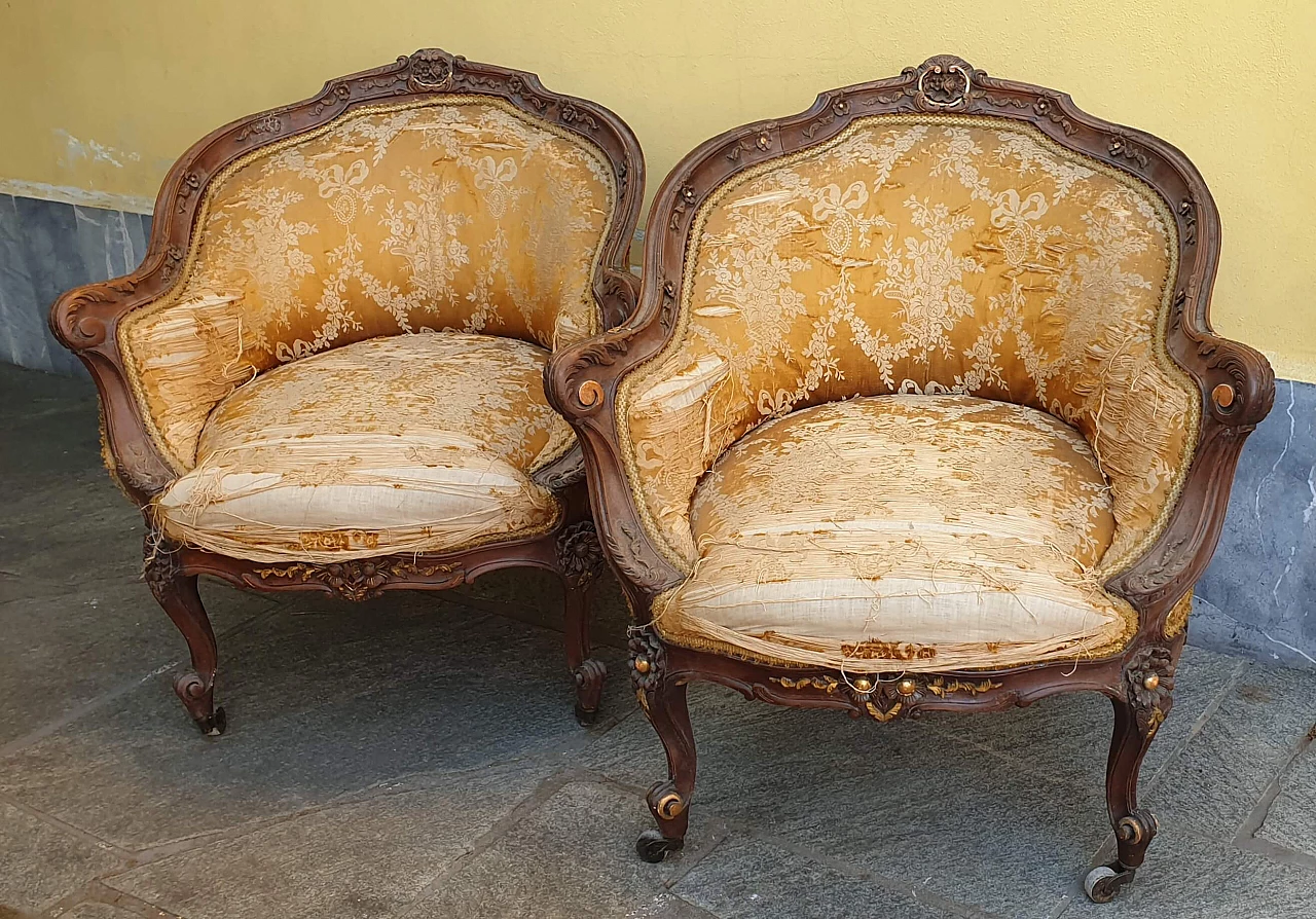 Solid walnut armchairs with pure gold friezes, 19th century 2