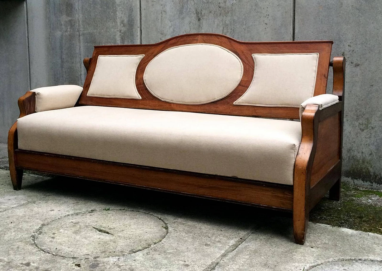 Sofa bed in blond walnut and ecru cloth, 1920s 1