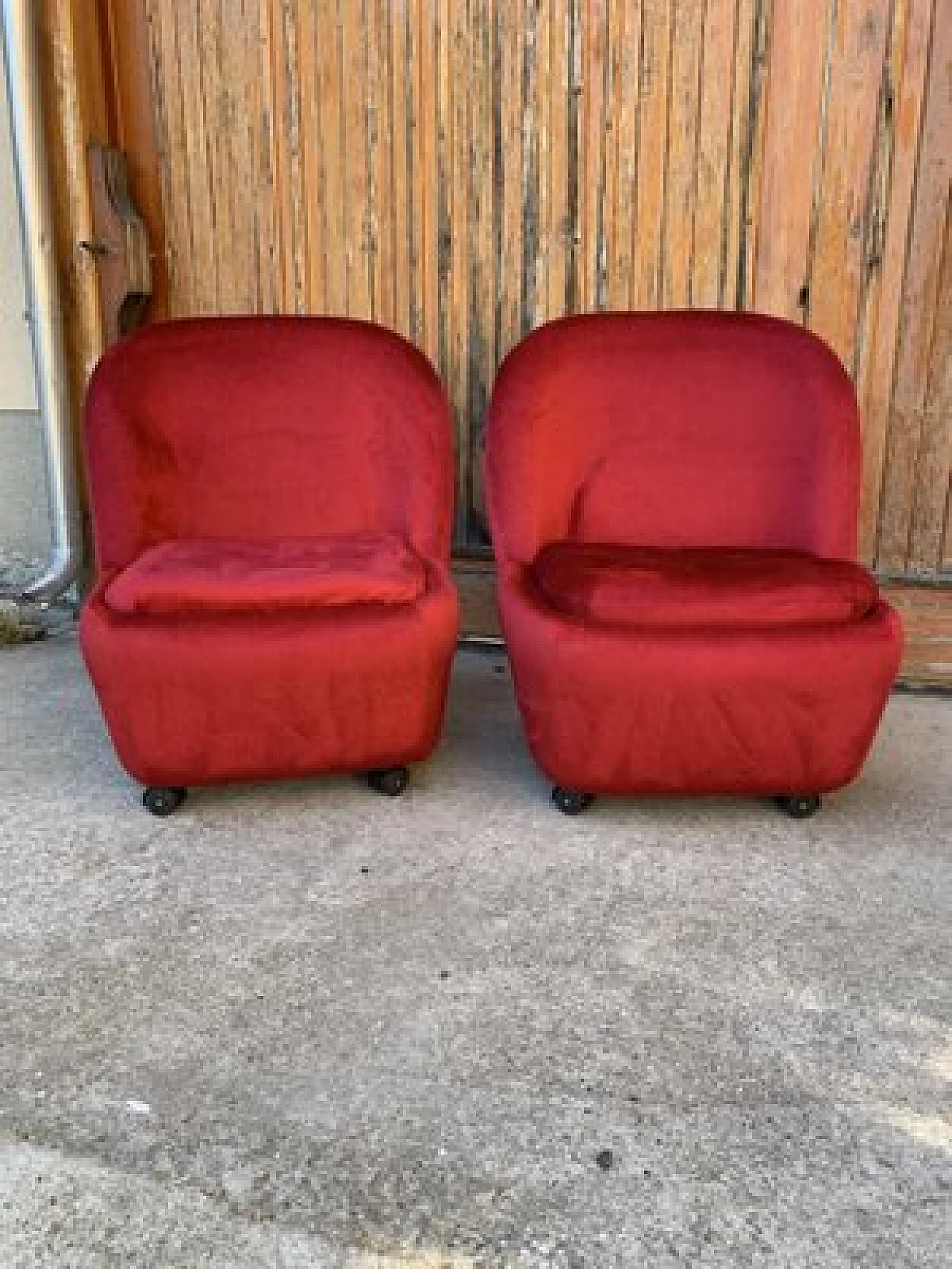 Pair of red velvet armchairs, 1960s 1