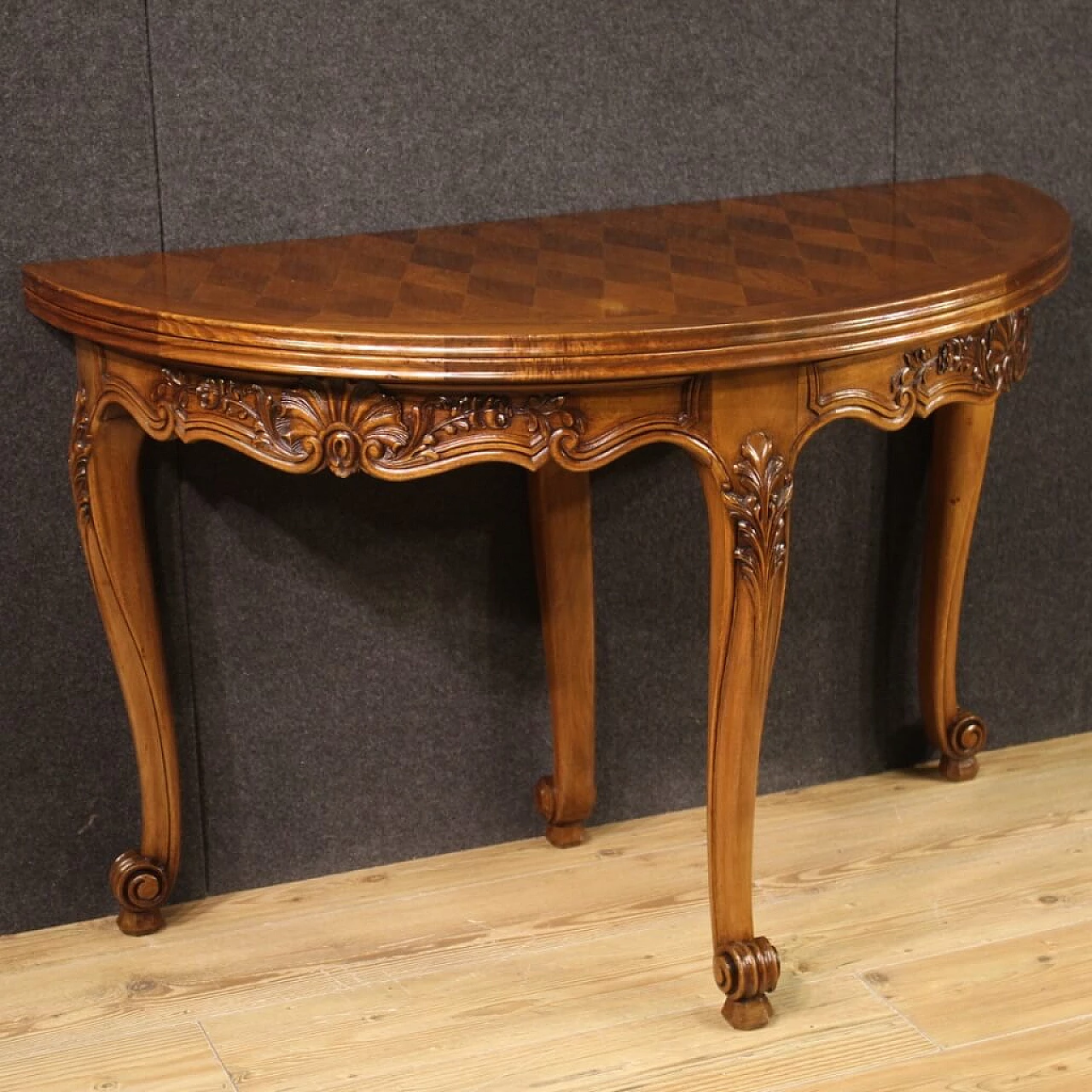 Decorated wooden half-moon table, 1960s 1