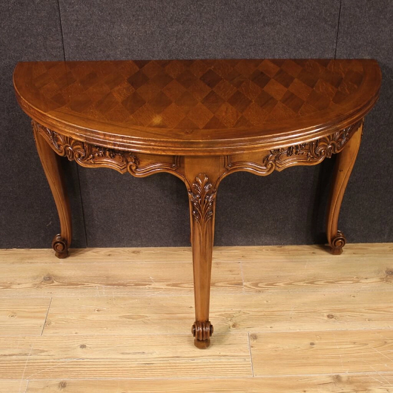 Decorated wooden half-moon table, 1960s 2