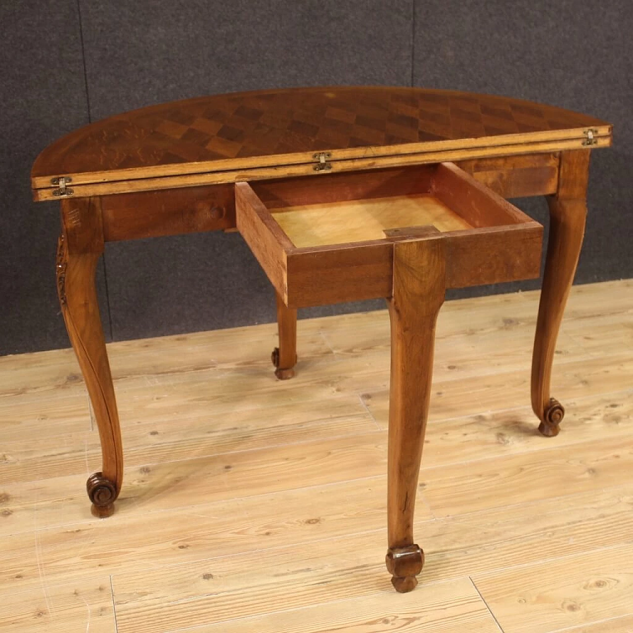 Decorated wooden half-moon table, 1960s 8