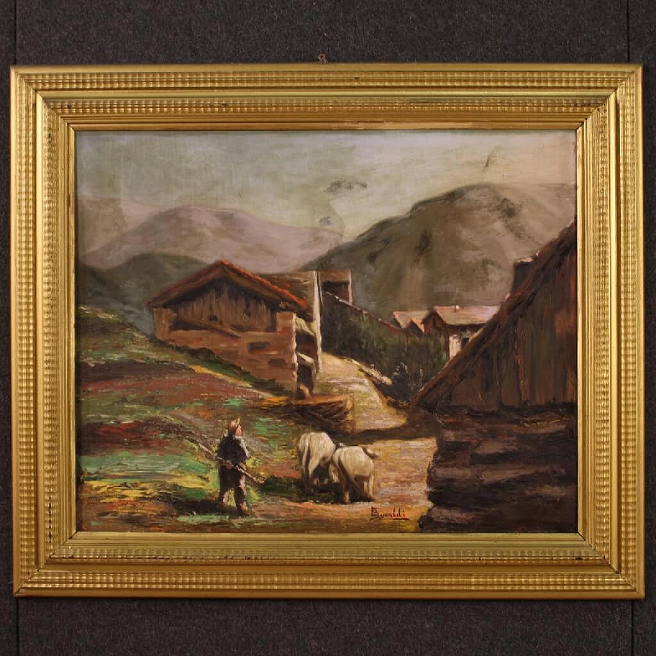 Paesaggio bucolico, dipinto a olio su tavoletta, anni '50 1