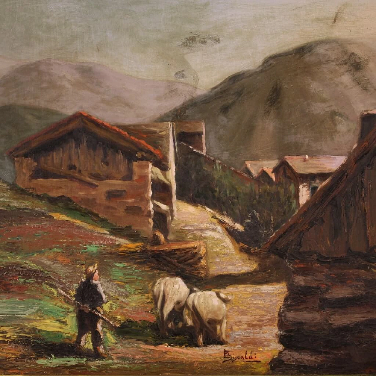 Paesaggio bucolico, dipinto a olio su tavoletta, anni '50 2