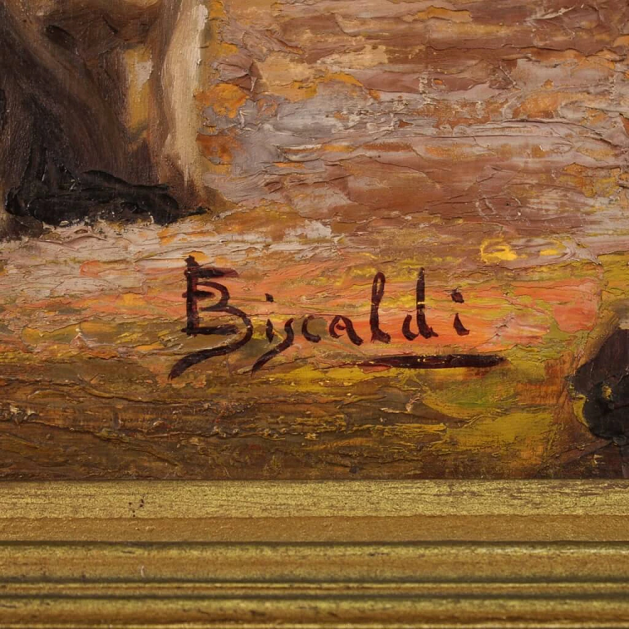 Paesaggio bucolico, dipinto a olio su tavoletta, anni '50 3