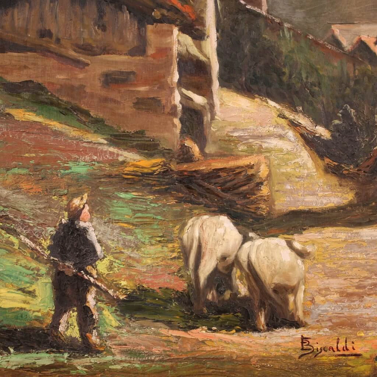 Paesaggio bucolico, dipinto a olio su tavoletta, anni '50 4