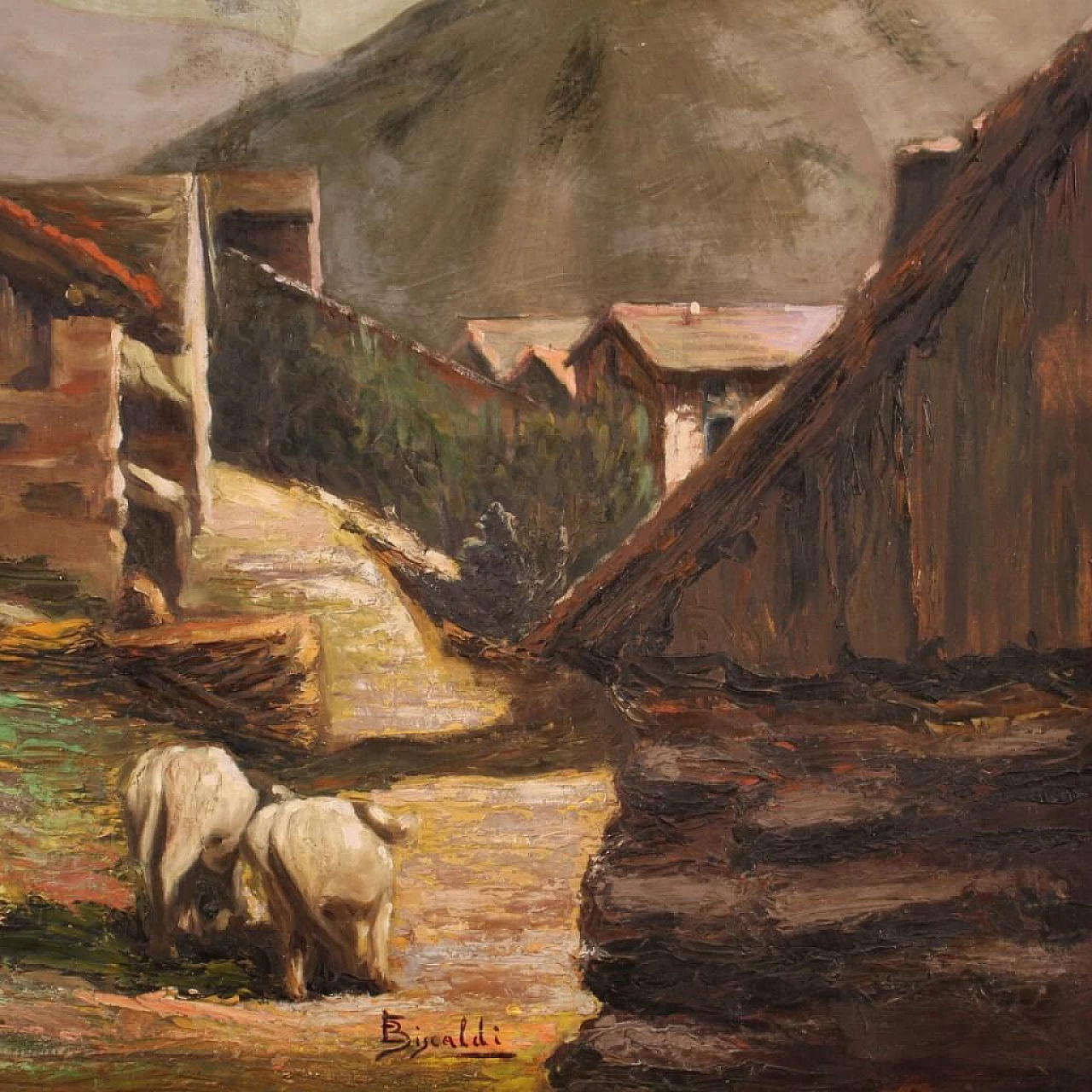 Paesaggio bucolico, dipinto a olio su tavoletta, anni '50 5