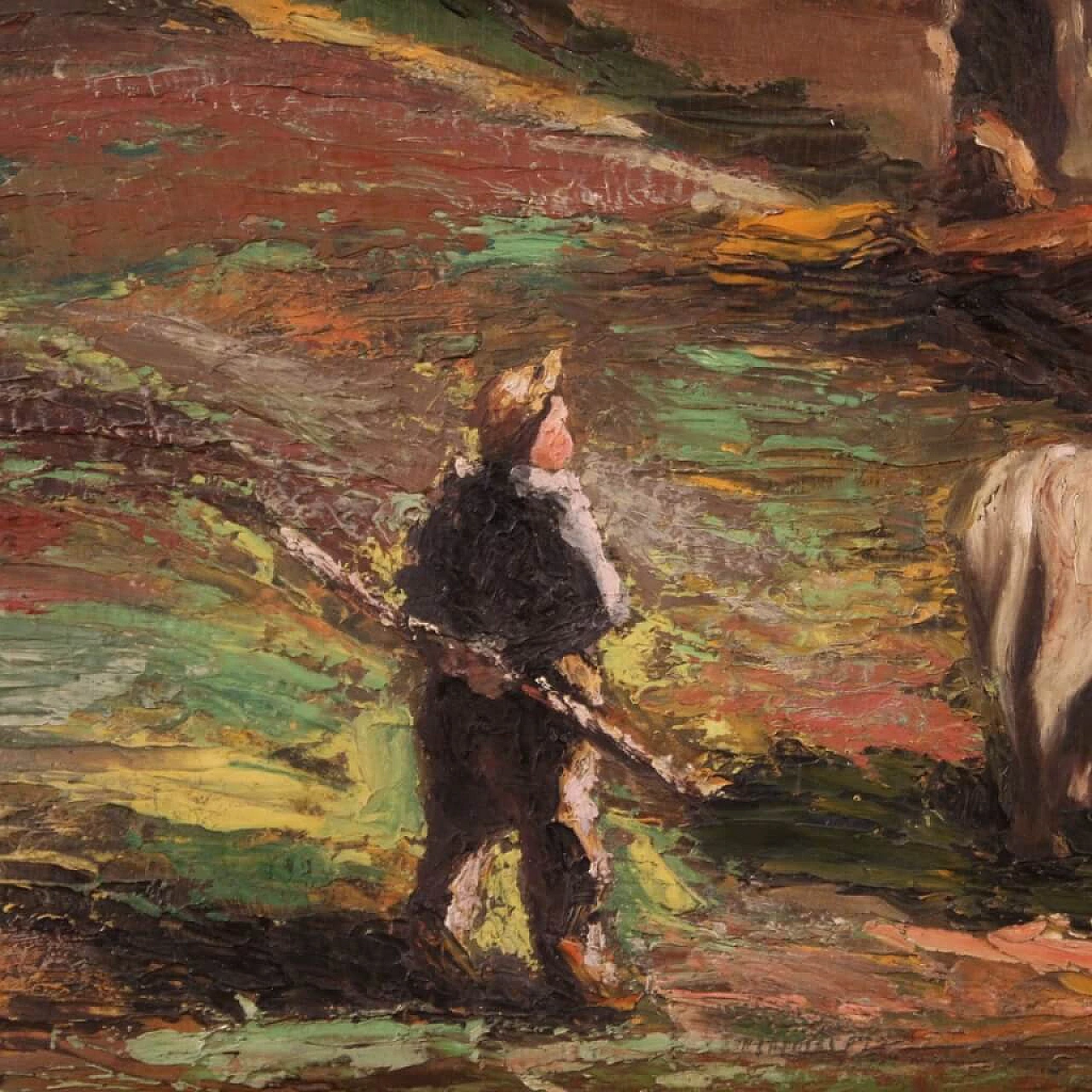 Paesaggio bucolico, dipinto a olio su tavoletta, anni '50 7