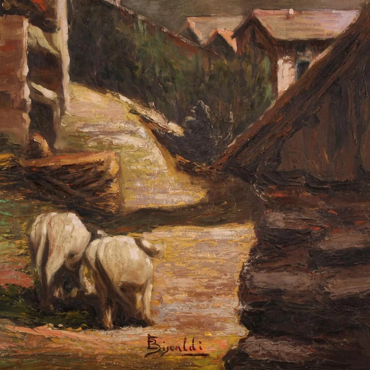 Paesaggio bucolico, dipinto a olio su tavoletta, anni '50 10