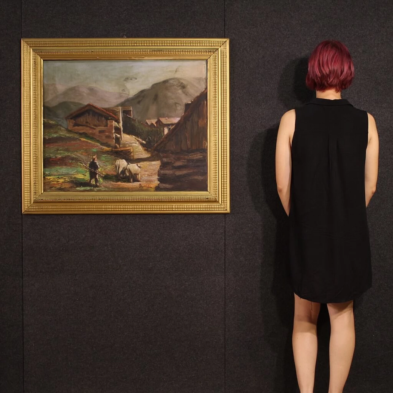 Paesaggio bucolico, dipinto a olio su tavoletta, anni '50 12