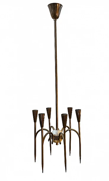 Lampadario in ottone massiccio nello stile di Oscar Torlasco, anni '50