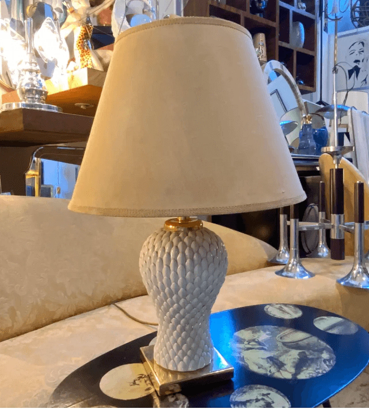 Brass and porcelain table lamp attributed to Tommaso Barbi, 1980s 2
