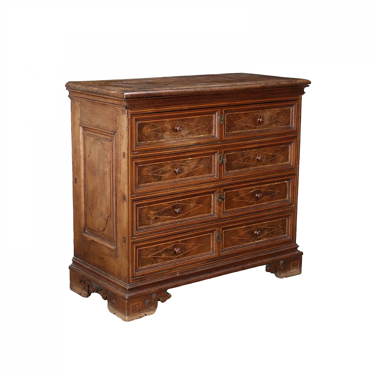 Chest of drawers in walnut supported by bracket feet, 18th century 1