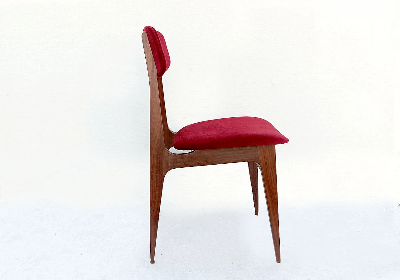 6 Scandinavian wood and burgundy velvet chairs, 1960s 2