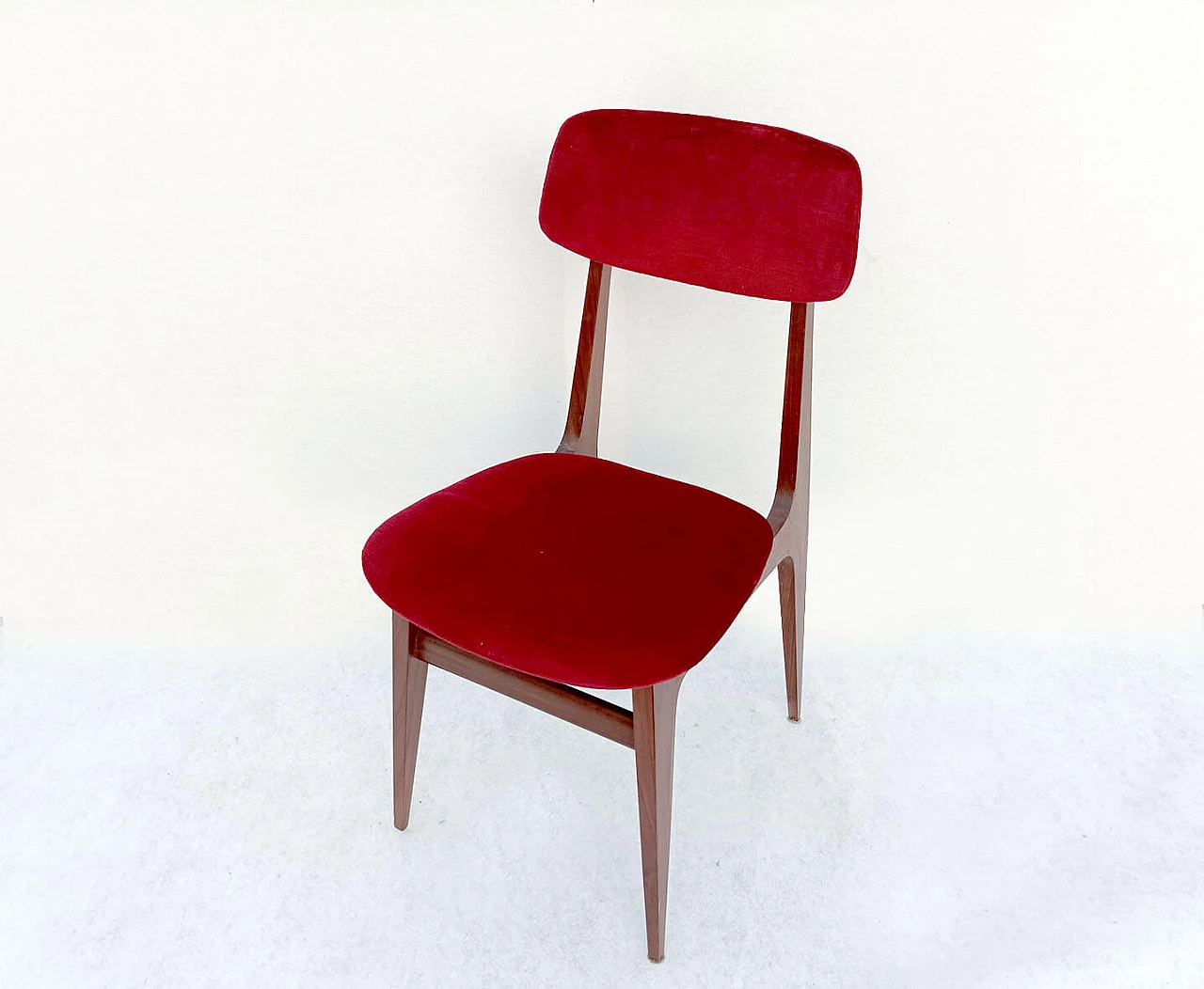 6 Scandinavian wood and burgundy velvet chairs, 1960s 3