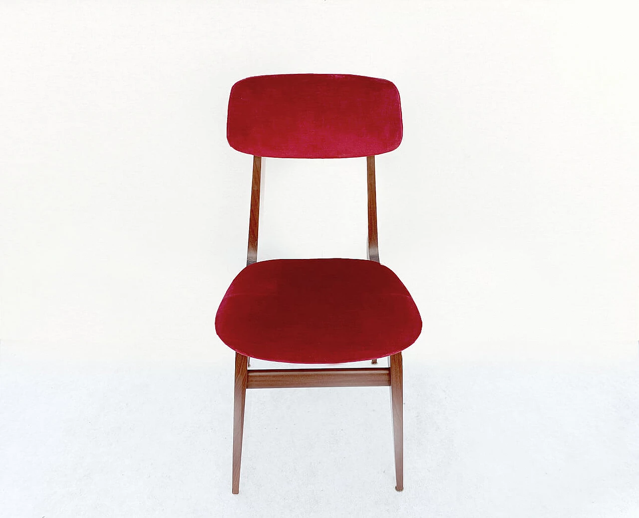6 Scandinavian wood and burgundy velvet chairs, 1960s 4