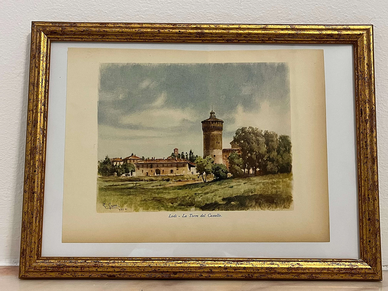 Stampa a colori Torre del castello di Lodi di Giannino Grossi, anni '30 1