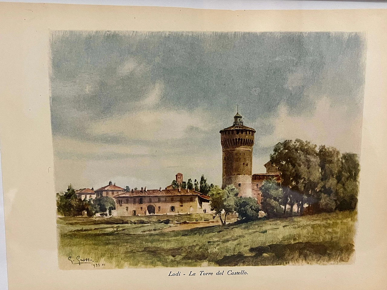 Stampa a colori Torre del castello di Lodi di Giannino Grossi, anni '30 2