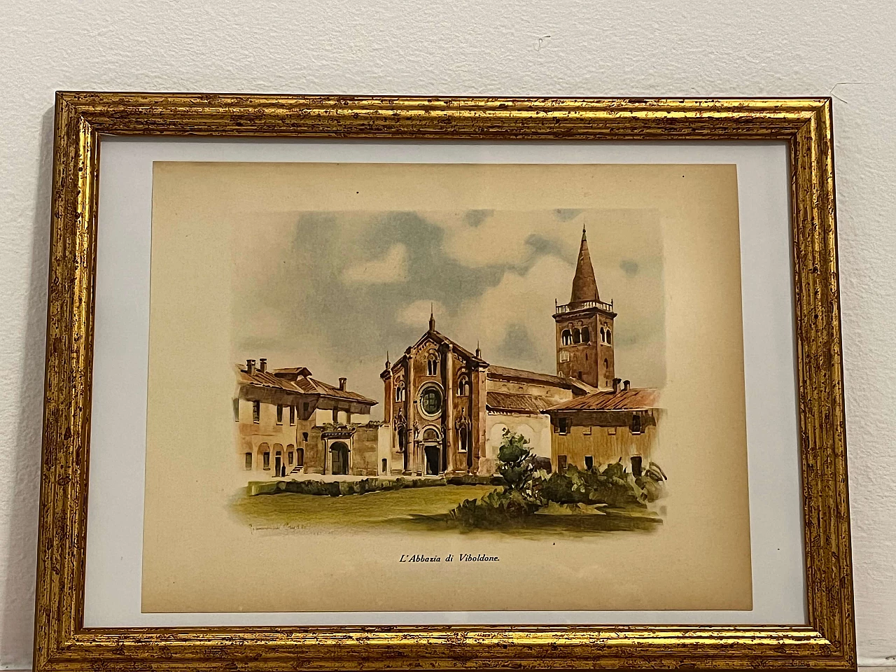Colour print Viboldone Abbey by Giannino Grossi, 1930s 1