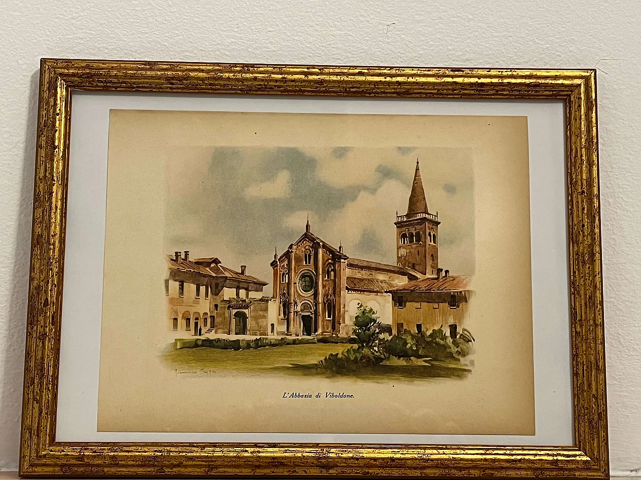 Colour print Viboldone Abbey by Giannino Grossi, 1930s 2