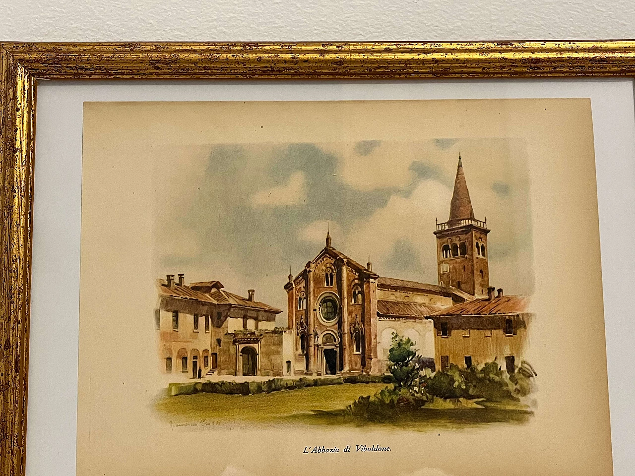 Colour print Viboldone Abbey by Giannino Grossi, 1930s 3