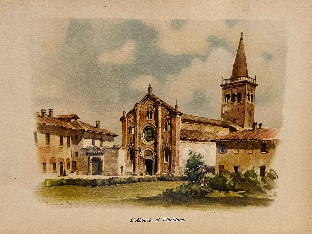 Colour print Viboldone Abbey by Giannino Grossi, 1930s 4