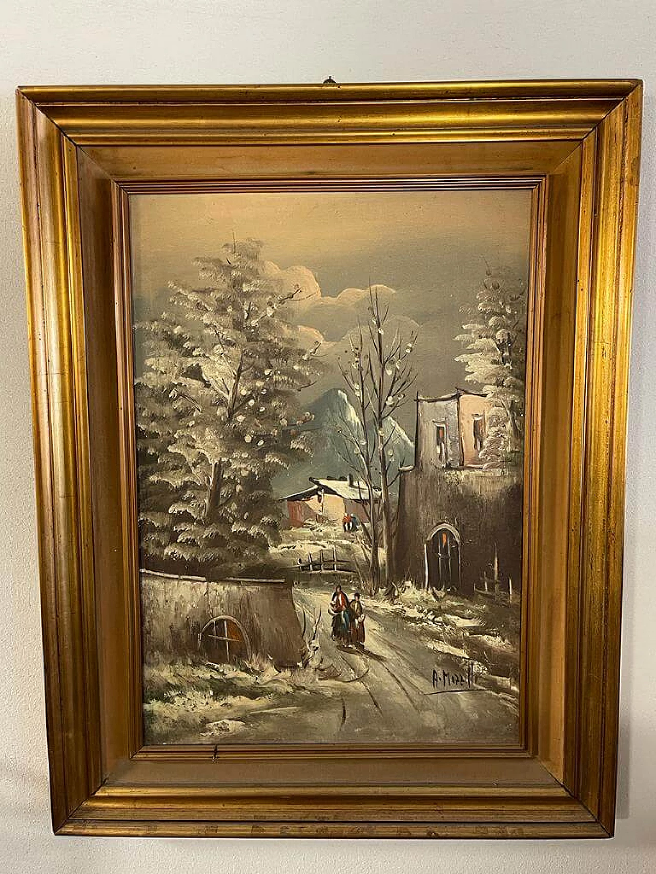 Olio su tela raffigurante paesaggio innevato di Mozzitto, '900 1