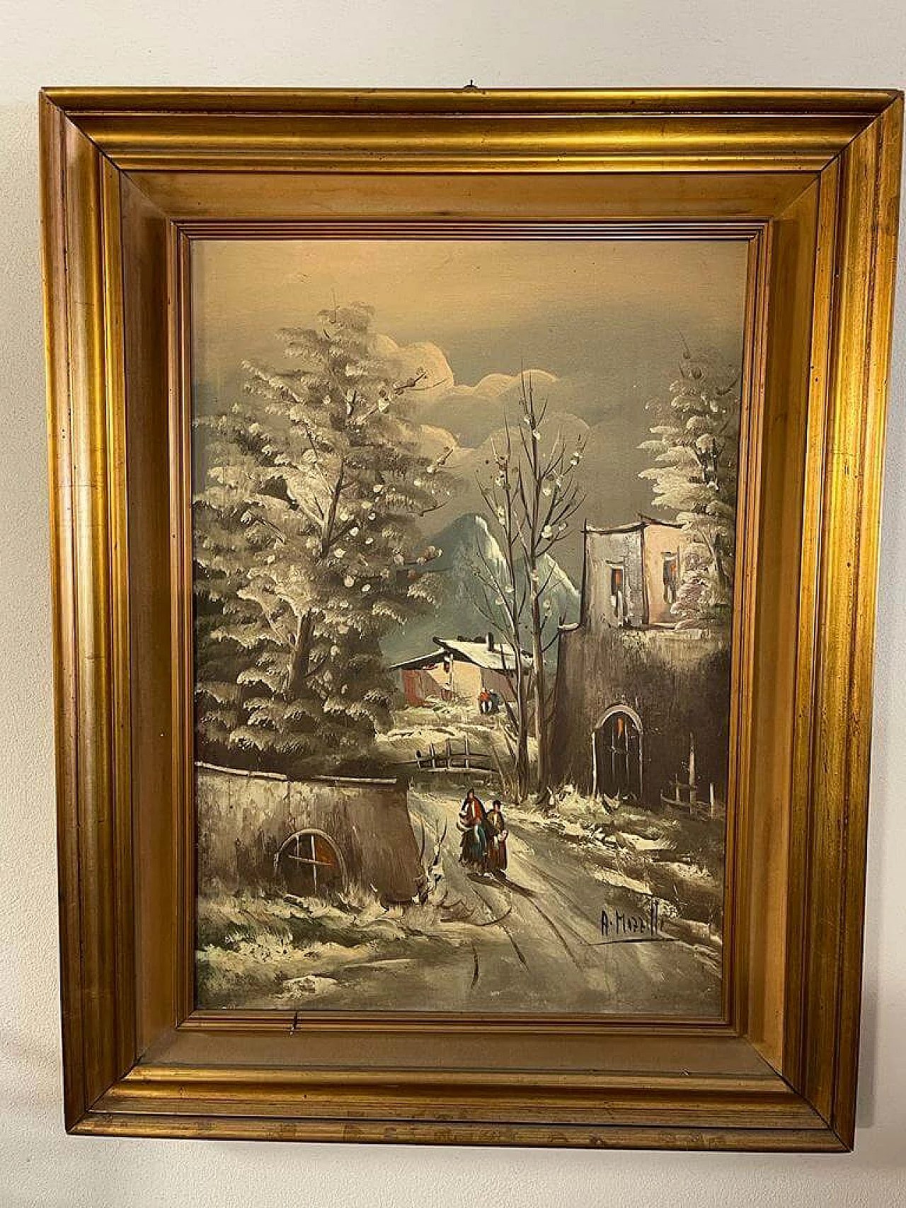 Olio su tela raffigurante paesaggio innevato di Mozzitto, '900 2