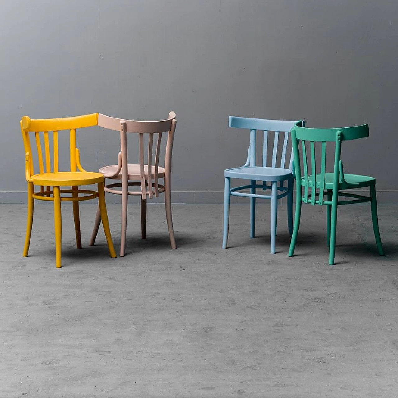 4 Multicoloured wooden chairs, 1950s 1