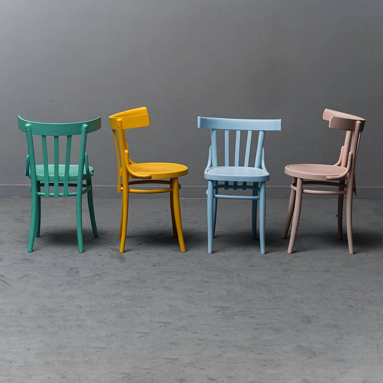 4 Multicoloured wooden chairs, 1950s 13
