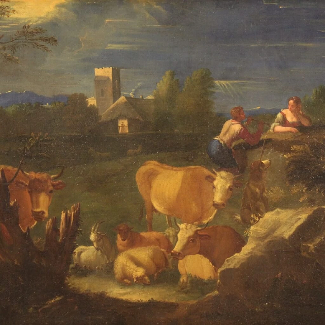 Veduta con pastori e animali, olio su tela, fine '700 1
