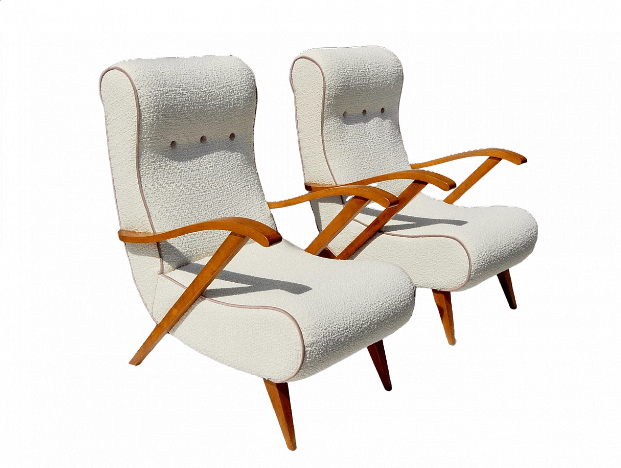 Pair of ivory white bouclé armchairs, 1950s 10