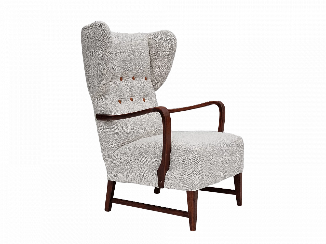 Poltrona con schienale alto rivestita in tessuto, anni '50 16