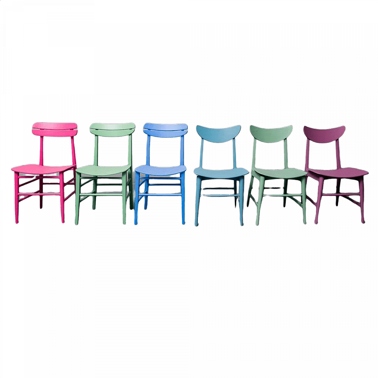 6 Chairs in multicoloured wood, 1950s 15
