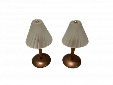 Coppia di lampade da tavolo in legno e vetro, anni '80