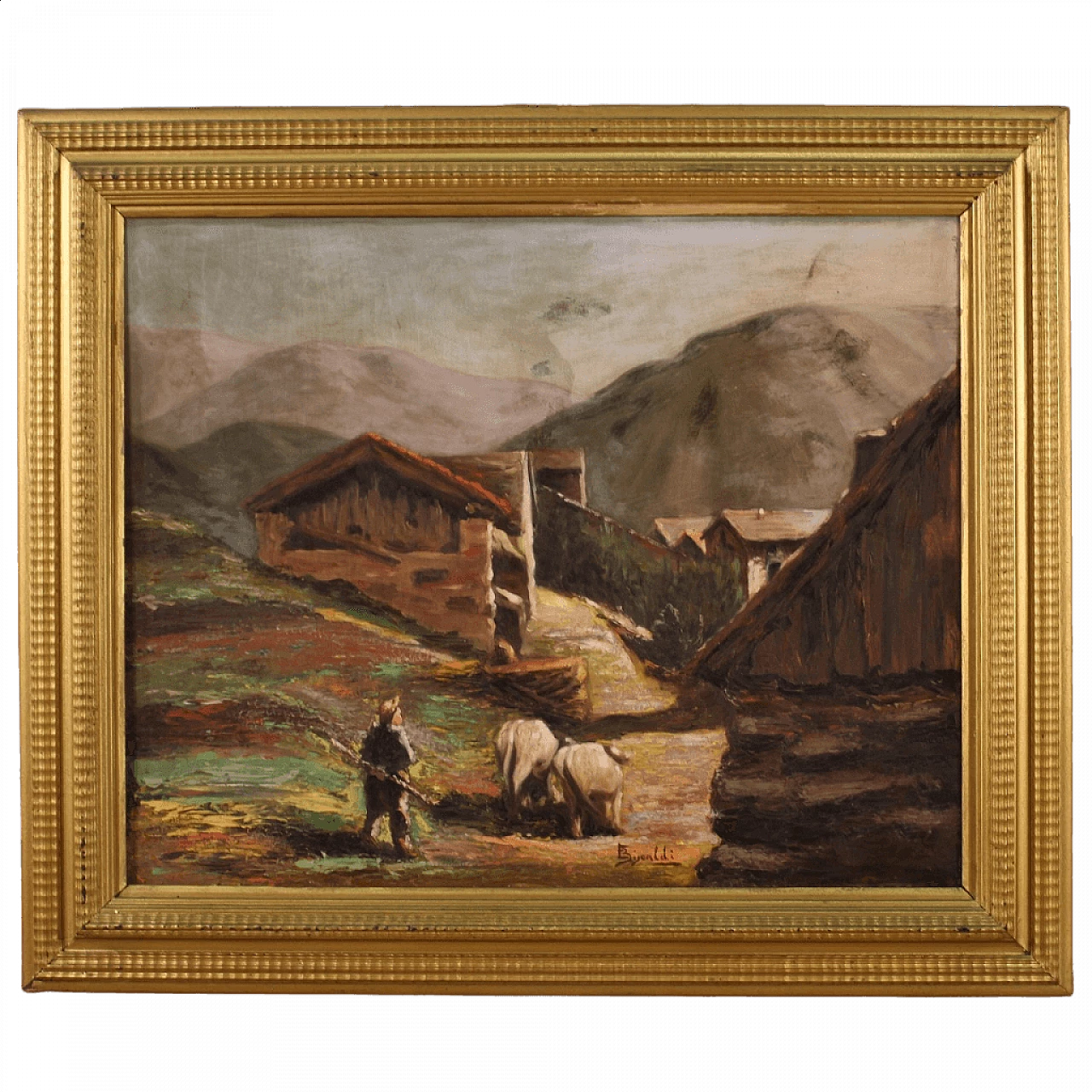 Paesaggio bucolico, dipinto a olio su tavoletta, anni '50 13