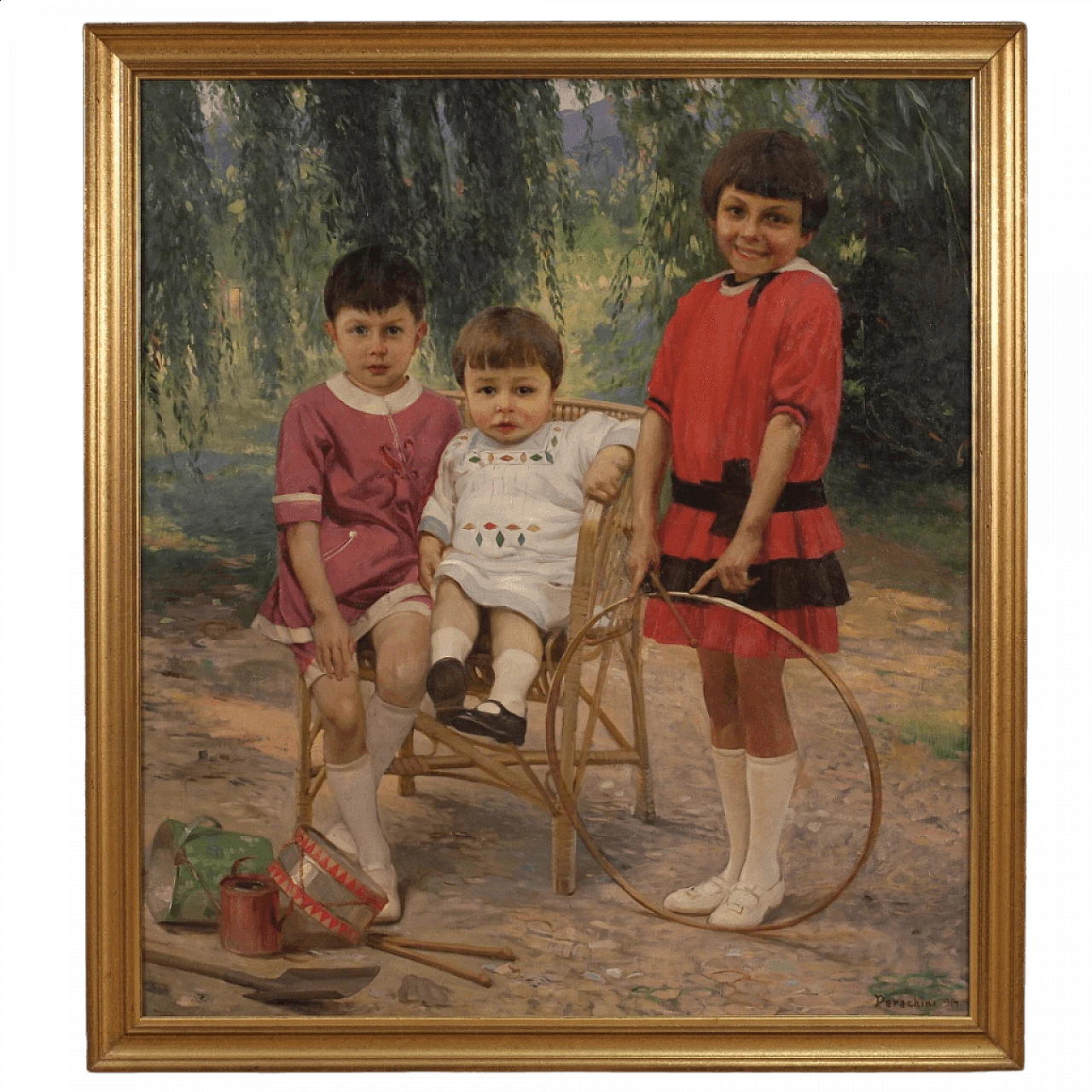 Oil on canvas Portrait of children with games by Parachini, 20th century 13