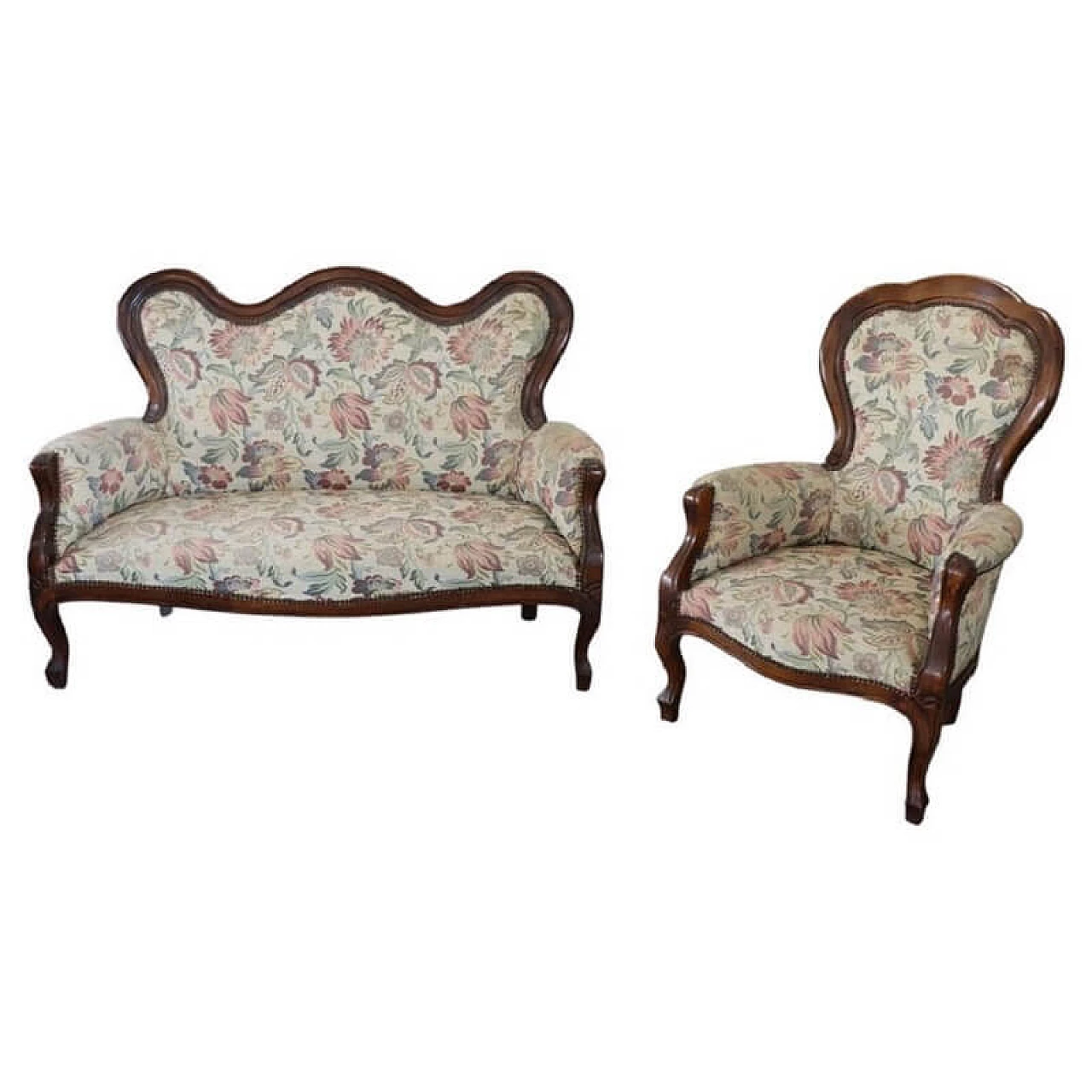 Walnut sofa and armchair in Louis Philippe style, 20th century 1