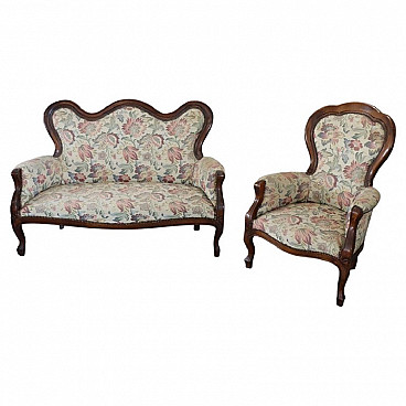 Walnut sofa and armchair in Louis Philippe style, 20th century