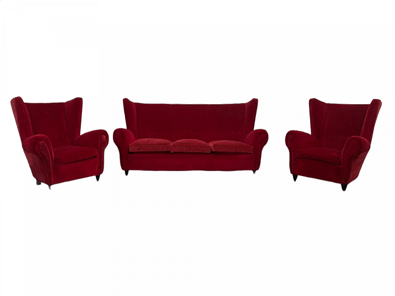 Coppia di poltrone e divano in velluto rosso, anni '50 16