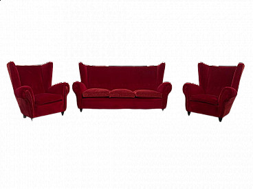 Coppia di poltrone e divano in velluto rosso, anni '50