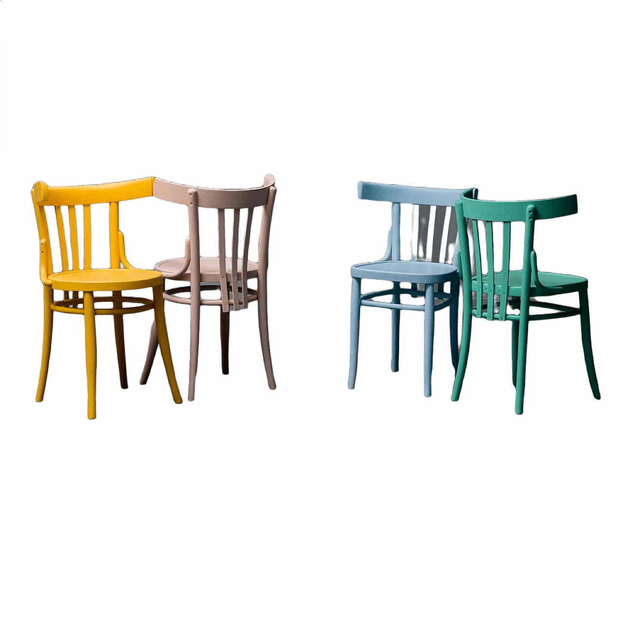 4 Multicoloured wooden chairs, 1950s 15